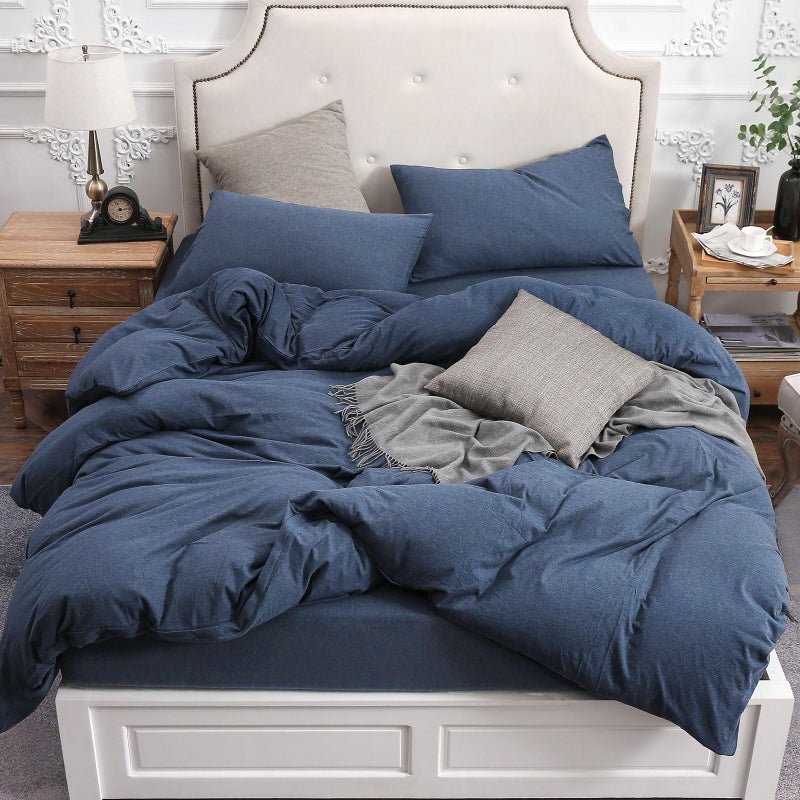 PURE ERA Jersey Knit Duvet Cover Set 100% T-Shirt Cotton Super Soft Comfy 3pc Bedding Set with Zipper Closure (Heather Navy Blue, King) - Image 1